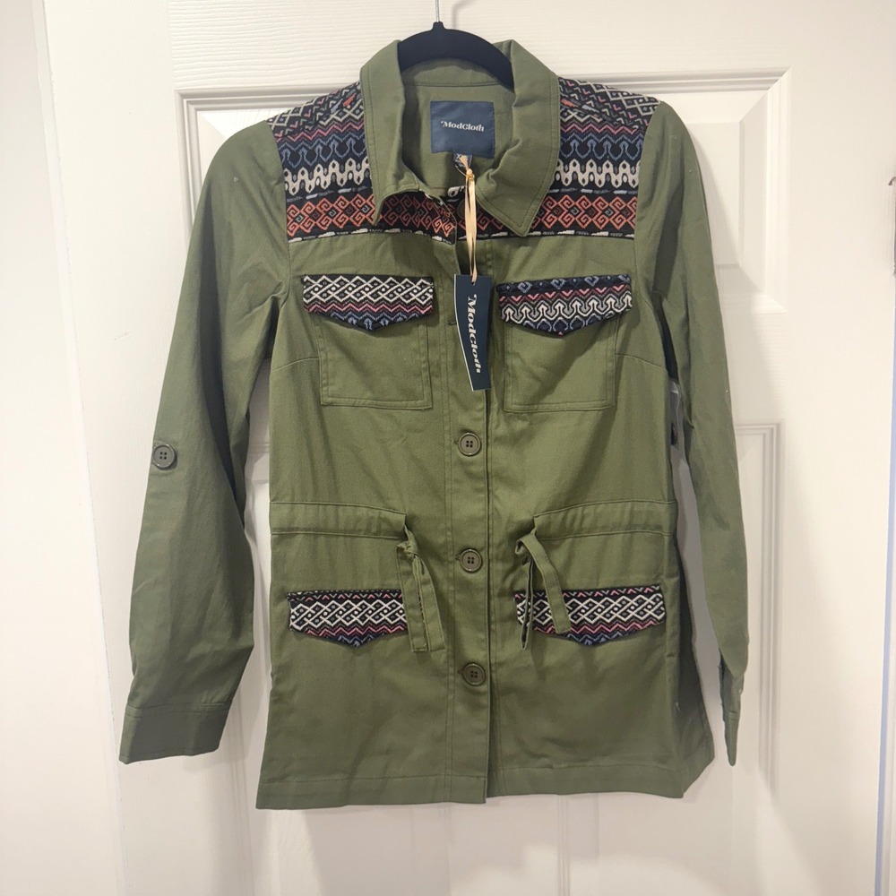 ModCloth Womens Green Embroidered Detail Utility Jacket XXS NWT Cargo Military
